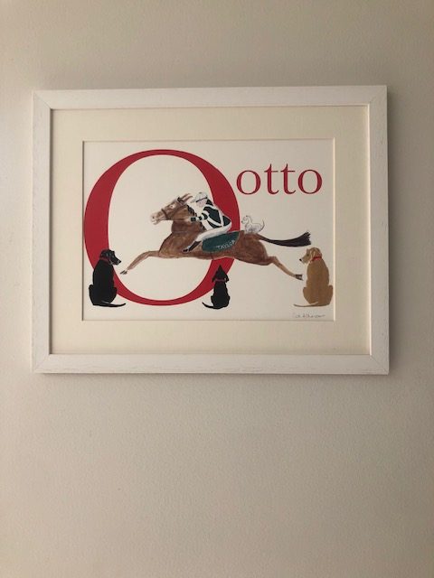 This is a story letter print, personalised with the name Otto. The customer has chosen my drawings from the storyboards to reflect his personal life: 2 labradors and a white westie. There is a jockey wearing his personalised colours, on a race horse, galloping through the letter 'O' - this was commissioned bespoke artwork