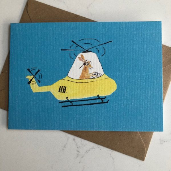 Greetings card of hare in helicopter