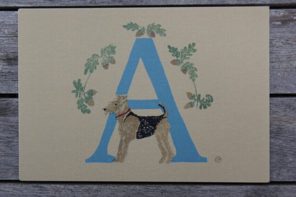 illustrated alphabet letters make great cards! this is of blue letter A illustrated with branches of acorns and an airedale dog, on a beige background