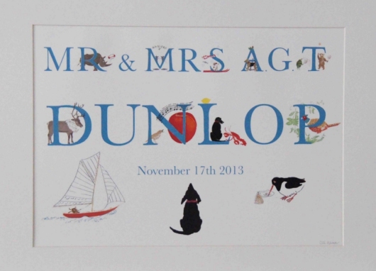 a print celebrating the wedding of a Mr and Mrs with all letters illustrated with animals and actions beginning with the letter illustrated. additional illustrations relate to the couple's lives