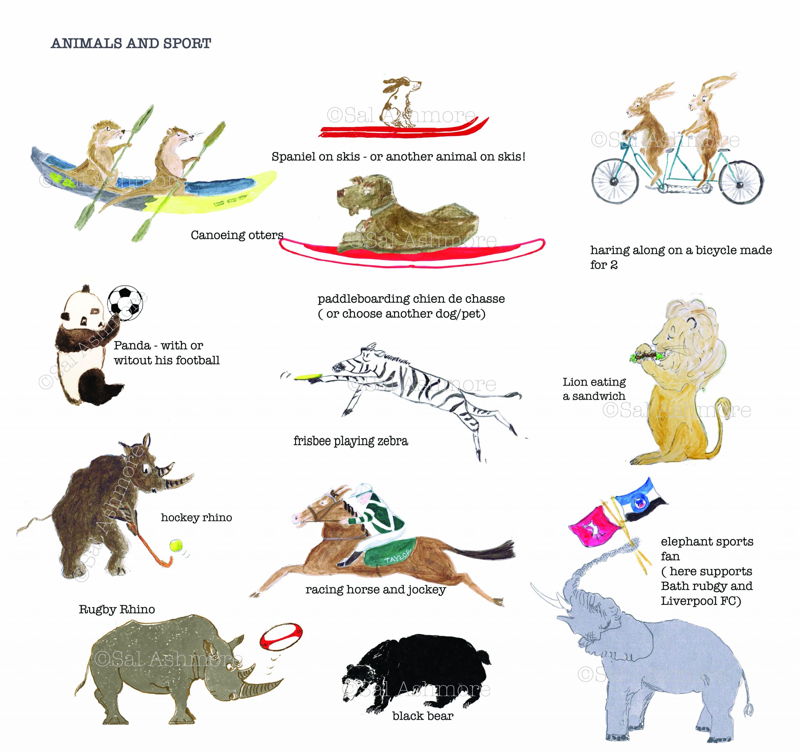 this page is a storyboard which is where customers visit to choose my hand drawn illustrations for their personalised prints. This story board features animals, and animals doing sport! So there is a rugby rhino, a frisbee playing zebra, 2 hares on a bicycle, canoeing otters, a race horse and jockey, a hockey playing rhino, etc.