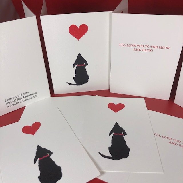 Labrador love is of a black labrador looking up at a red love heart - inside card reads I'll love you to the moon and back!