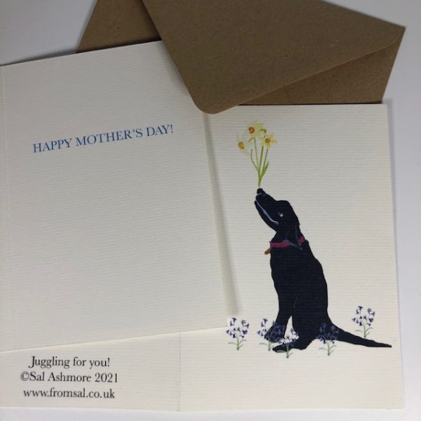 Juggling for you depicts A GRINNING black labrador who juggles daffodils on it's nose to impress the star of the day, mother, and to personify all a mother does for everyone! - inscription inside reads HAPPY MOTHER'S DAY