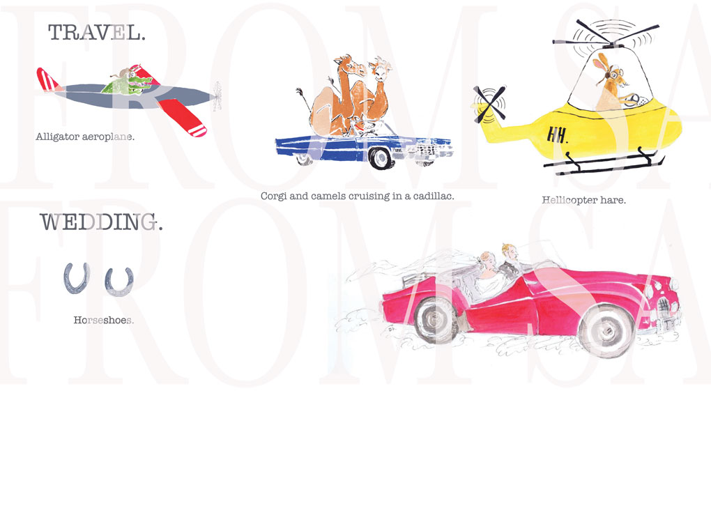 animals in car, helicopter, aeroplane and newly weds in car to illustrate your personalised prints