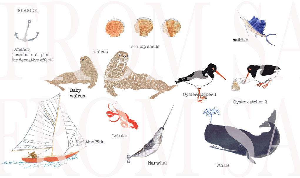 SEASIDE ANIMALS BIRDS AND OBJECTS TO CHOOSE TO ILLUSTRATE YOUR PERSONALISED PRINTS