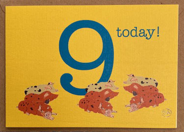 9 spotted pigs laze around the large number 9 today! colourful and lovely for a child who loves farming and pigs