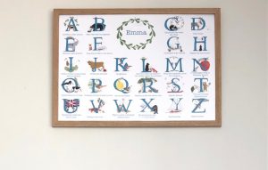 An illustrated A - Z alphabet inspired by animals and the great outdoors.Can be personalised with a name in a green wreath replacing the words An illustrated alphabet.