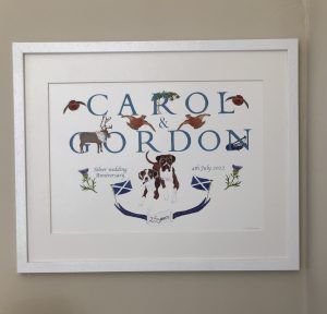 hand drawn illustrations celebrating Carol and Gordon's 25th wedding anniversary - the illustrations they choose are all related to Scotland: thistle; the flag of Scotland; partridge and a deer; tartan ribbon and their own boxer dogs. The text is of their names and the date of their silver wedding anniversary