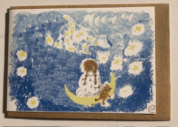 A young girl and her teddy bear sit on a crescent moon, contemplate the constellations called big bear and little bear.