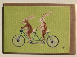 Two hares haring along on a tandem bicycle!