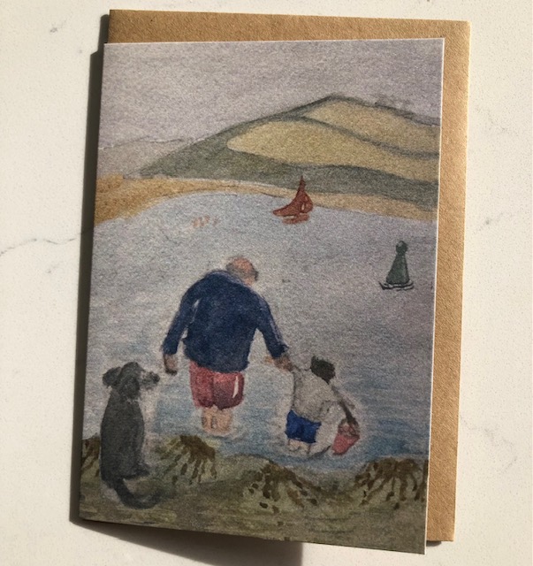 A dog looks on at the back view of his master, holding the hand of a small boy, off to discover the wonders of the sea with bucket and spade. The scene is set in the landscape of Daymer Bay beach, Cornwall.
