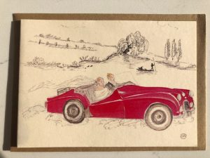 Just married couple speed away through the country side to their new life, in a flashy red sports car.