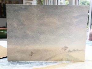 A single sailing boat sails for the horizon along a beautiful sunlit northern coast line in Brittany, France. Painted in muted colours to suit the theme of saying goodbye.