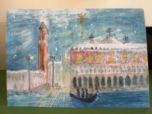A christmas card watercolour and bodycolour depiciting st Marks Square, Venice , under the snow, as seen from the water, where the Nativity is taking place. The Three wise men are arriving by gondola.