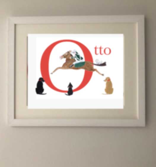 This is a print on card or a large red letter O though which a mounted jockey is leaping, watched on by 3 labrador dogs. The letters tto follow the large O as this print is created for Otto.